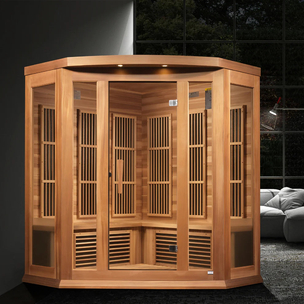 Maxxus 3-Person Corner Near Zero EMF FAR Infrared Sauna – Red Cedar