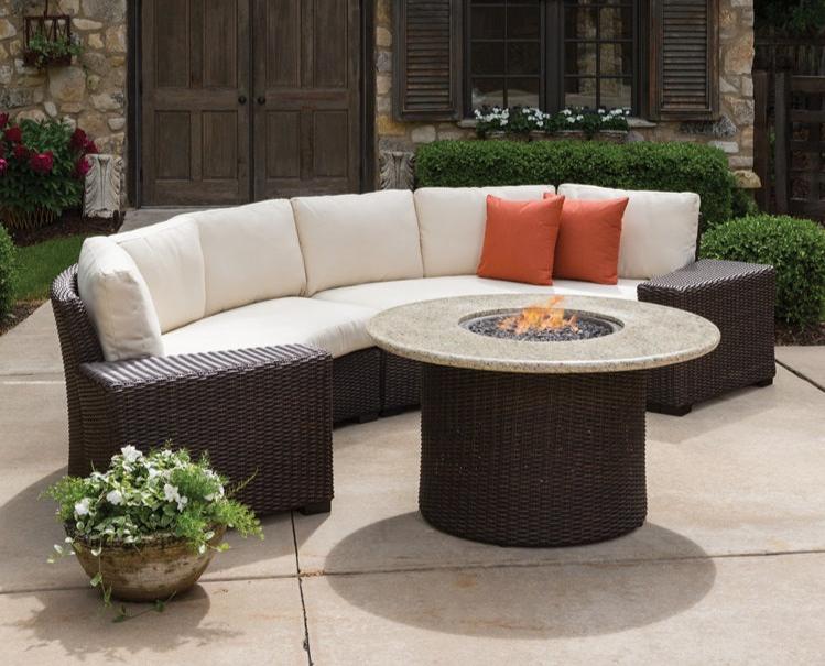 Lloyd Flanders Mesa 48" Round Fire Table with Light Travertine Top in Pecan Finish