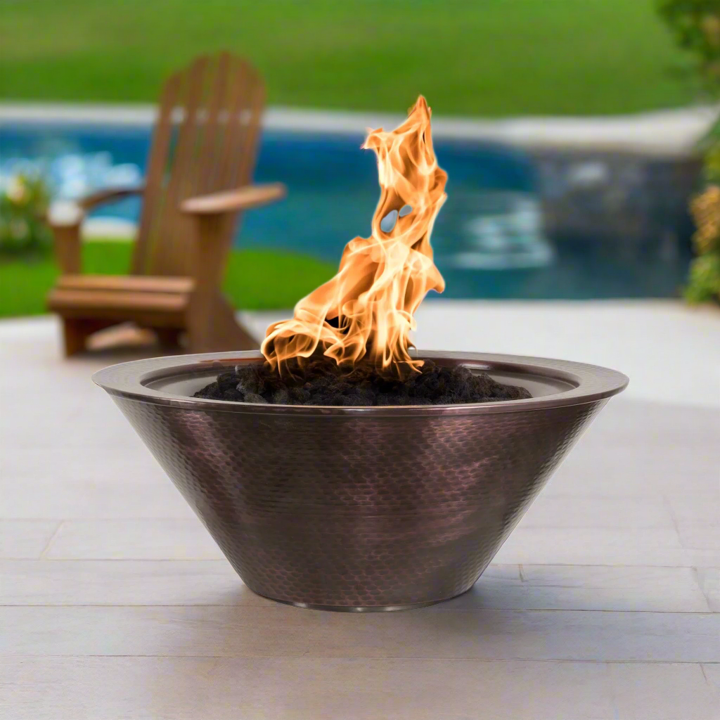 The Outdoor Plus 24-Inch Liquid Propane Fueled Hammered Patina Copper Match Lit Cazo Fire Bowl - OPT-101-24NWF-LP