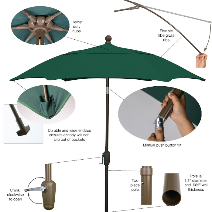 FiberBuilt Patio Umbrella with Crank Lift & Push Button Tilt, 9 Foot Navy Blue Canopy and White Pole - 9HCRW-T-Navy Blue