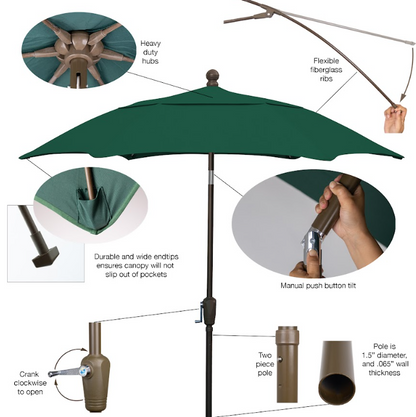 FiberBuilt Patio Umbrella with Crank Lift & Push Button Tilt, 9 Foot Navy Blue Canopy and White Pole - 9HCRW-T-Navy Blue