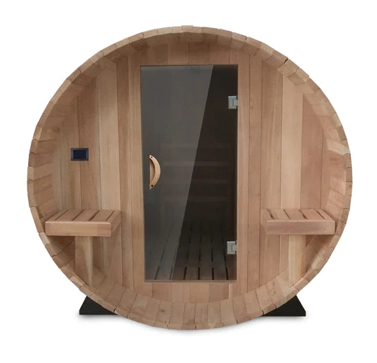 Scandia Electric Barrel Sauna with Canopy - 6'W x 5'D x 6'H - Glass - BS65-CGD