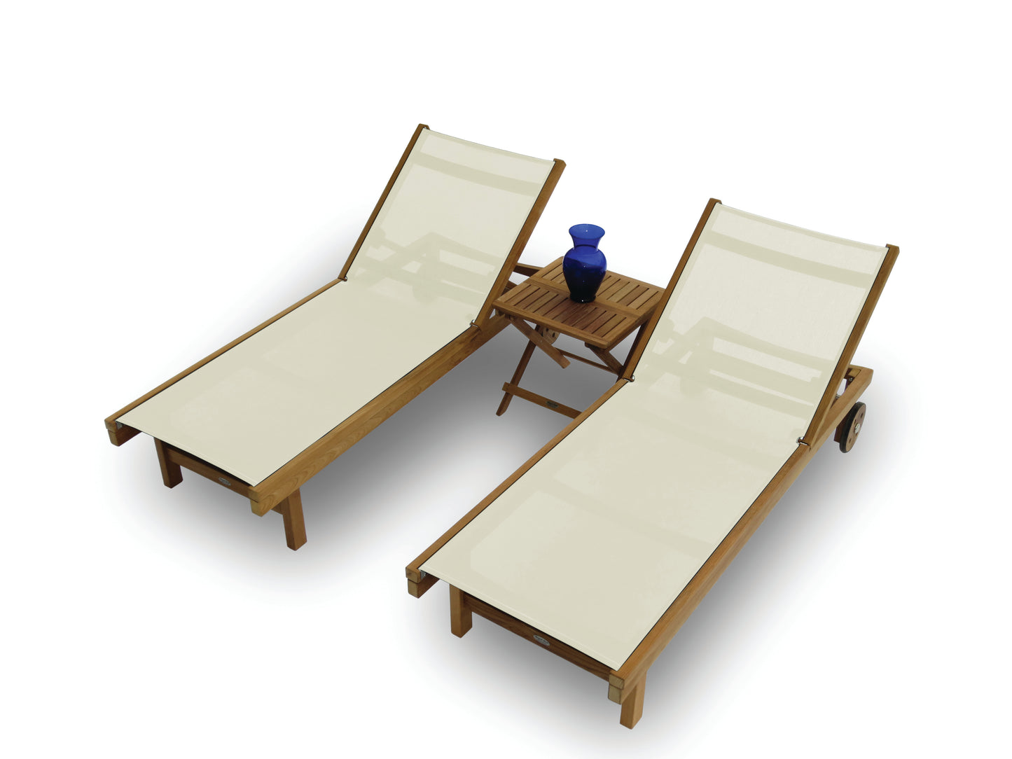 Two wooden lounge chairs with cream cushions and a small table on a white background