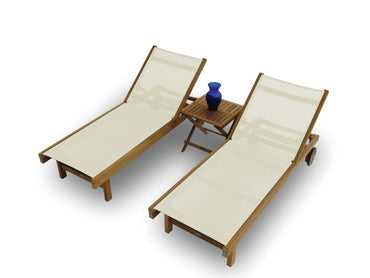 Two wooden lounge chairs with cream cushions and a small table on a white background