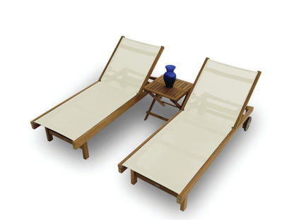 Two wooden lounge chairs with cream cushions and a small table on a white background