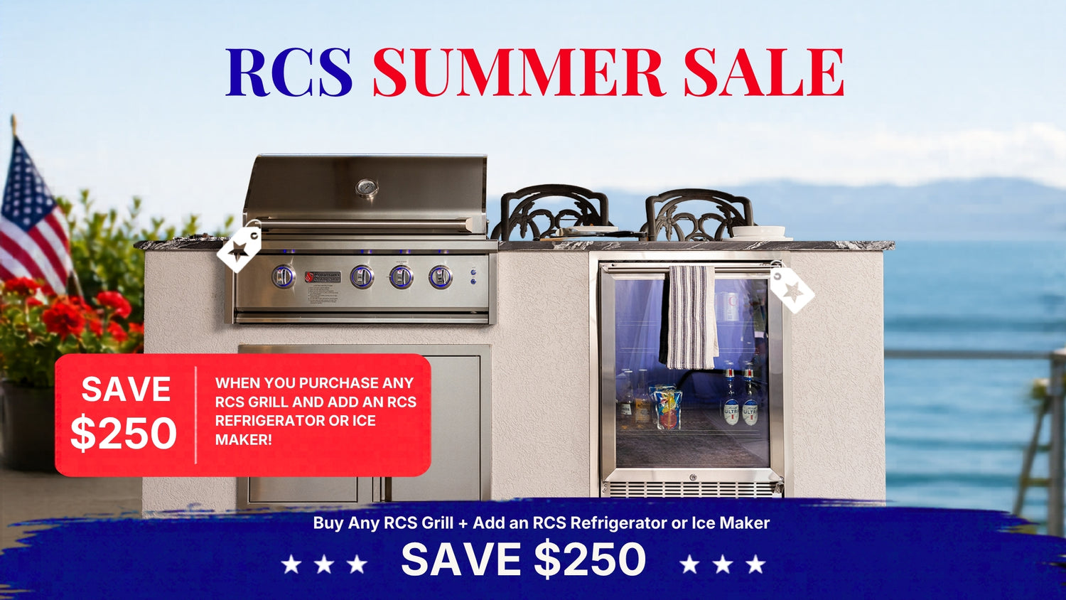 Advertisement for RCS Summer Sale with outdoor kitchen setup and promotional text.