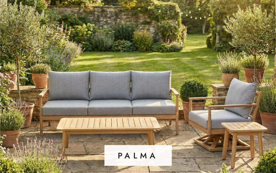 Outdoor furniture set with 'Palma' branding in a garden setting.
