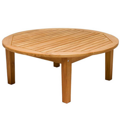 A round, teak wood Royal Teak Collection Miami Sofa Table with a smooth finish and visible wood grain patterns.
