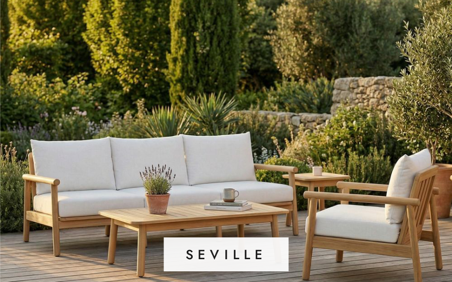 Outdoor furniture set with 'Seville' branding in a garden setting