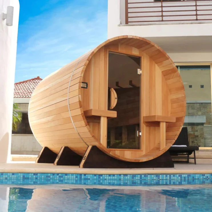 Scandia Electric Barrel Sauna with Canopy - 6'W x 5'D x 6'H - Glass-BS65-CGD