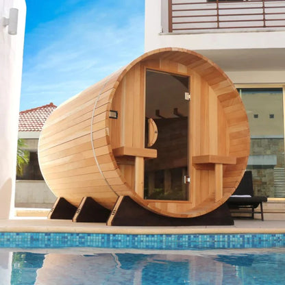 Scandia Electric Barrel Sauna with Canopy - 6'W x 5'D x 6'H - Glass-BS65-CGD