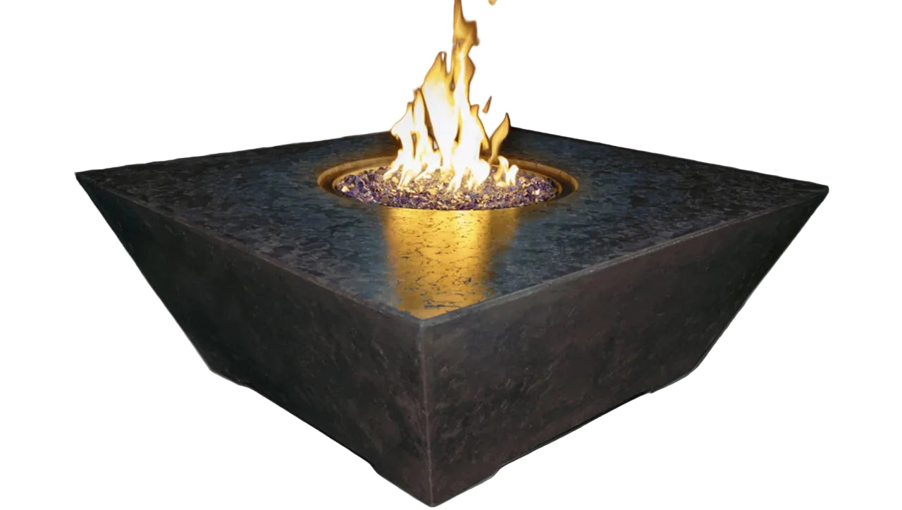 Square concrete fire pit with flames on a white background