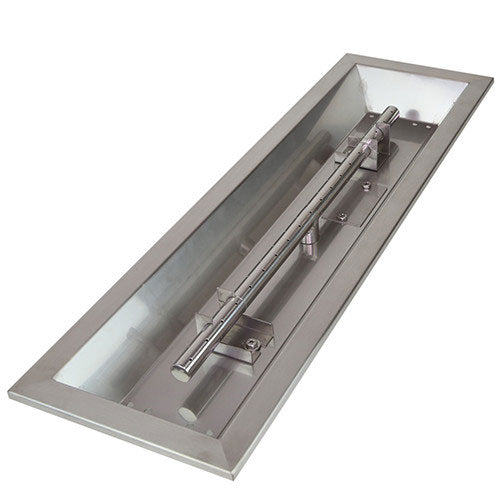 Rectangular metal fire pit with glass cover on a white background