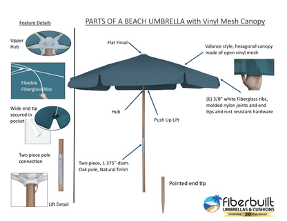 FiberBuilt 7.5 Foot Push Up Beach Umbrella with Teal Valance Style Canopy and Natural Oak Pole - 7BPU-6R-WDA-TX-Teal