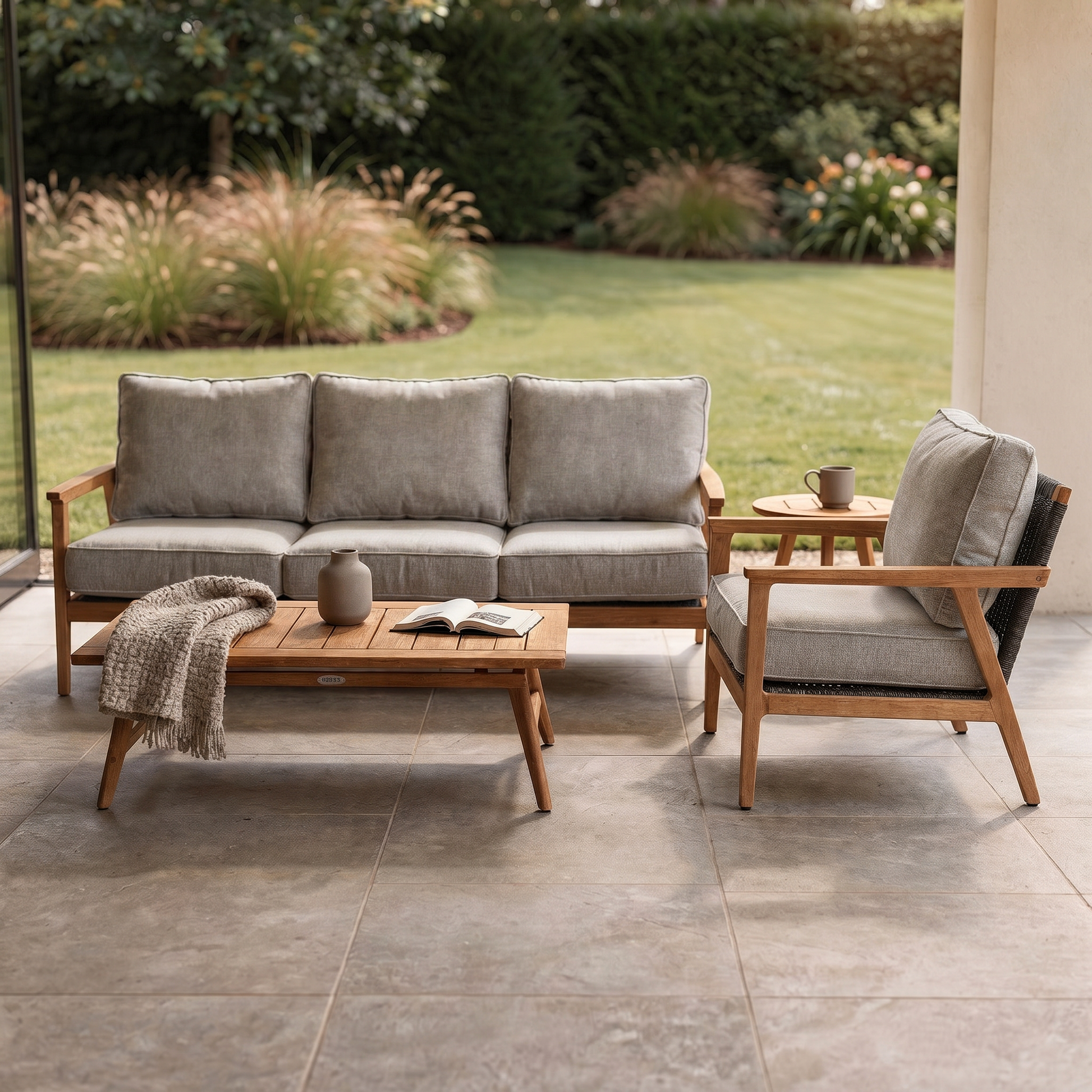 Outdoor patio set with gray cushions and wooden furniture on a tiled patio.