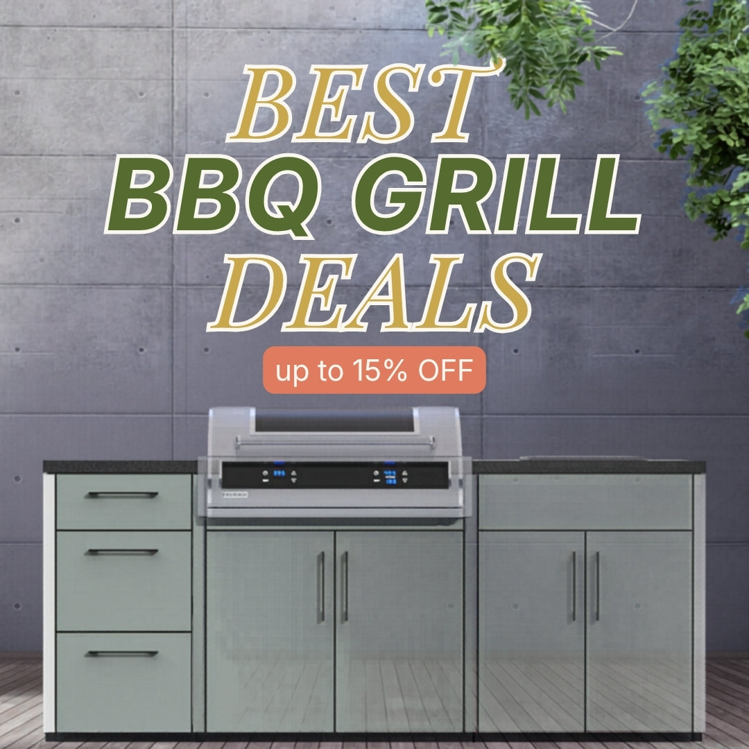 Outdoor kitchen setup with a grill and cabinets, featuring promotional text for best BBQ grill deals.