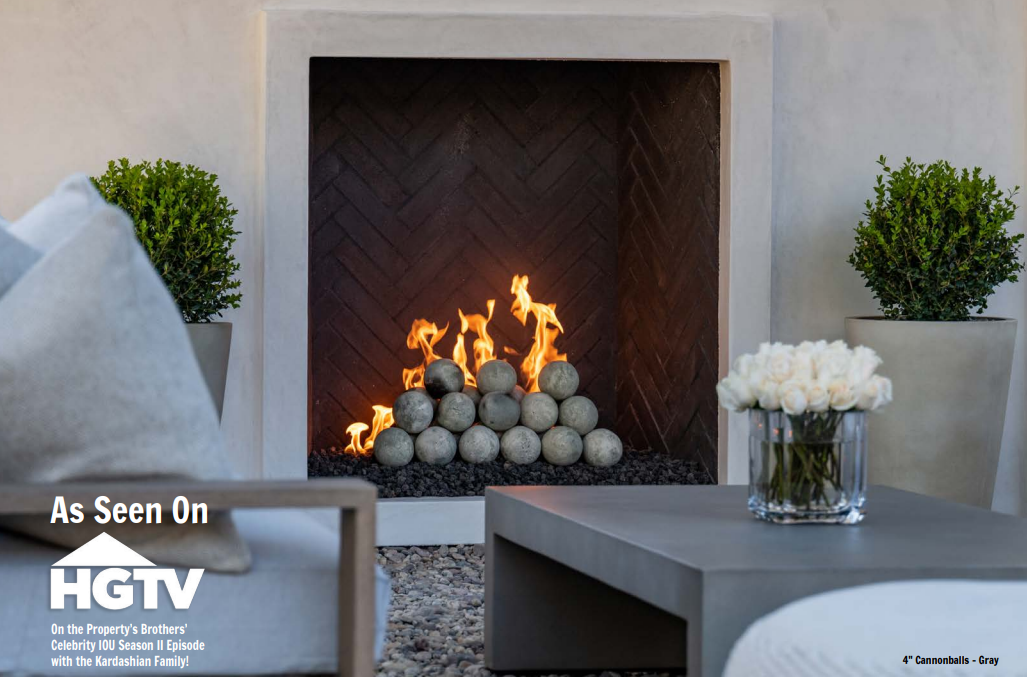 4" grey cannonballs inside a fireplace