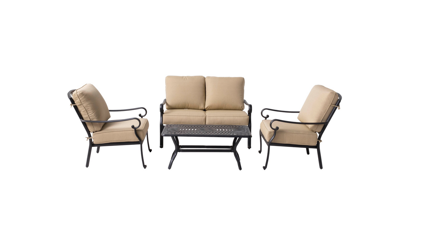 Alfresco Home Newbury Cast Aluminum Deep Seating Set with Coffee Table, Loveseat and 2 Lounge Chairs  and Cushions - 54-1300