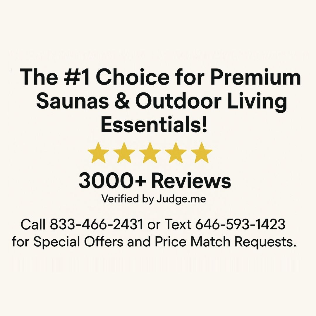 Advertisement for premium saunas and outdoor living essentials with five-star rating and contact information.