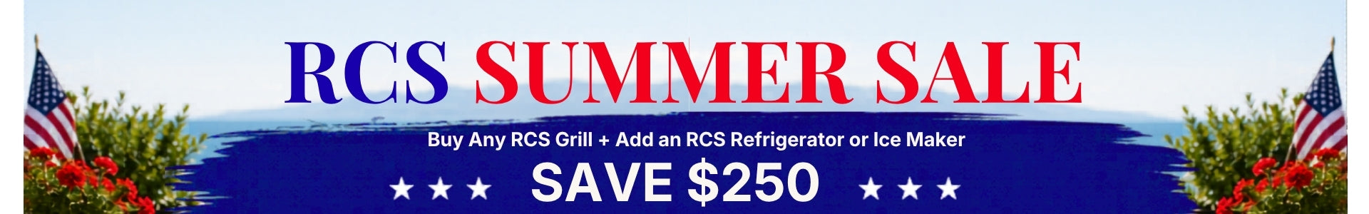 Promotional banner for RCS Summer Sale with text and graphics on a blue background.