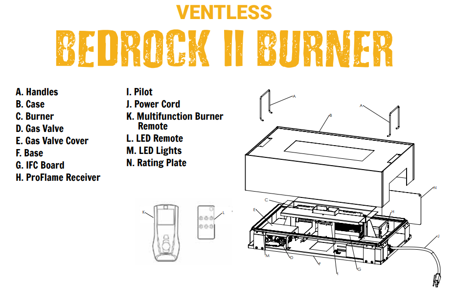 Grand Canyon Gas Logs Bedrock II Ventless Linear Drop-In Burner, 24” to 60” | diagram of parts